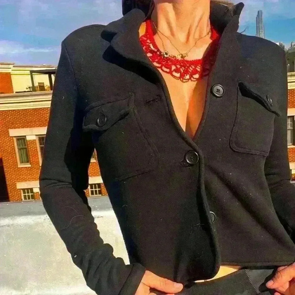 James Perse knit blazer cropped classic button black  coat jacket sz 1 small - Picture 4 of 4